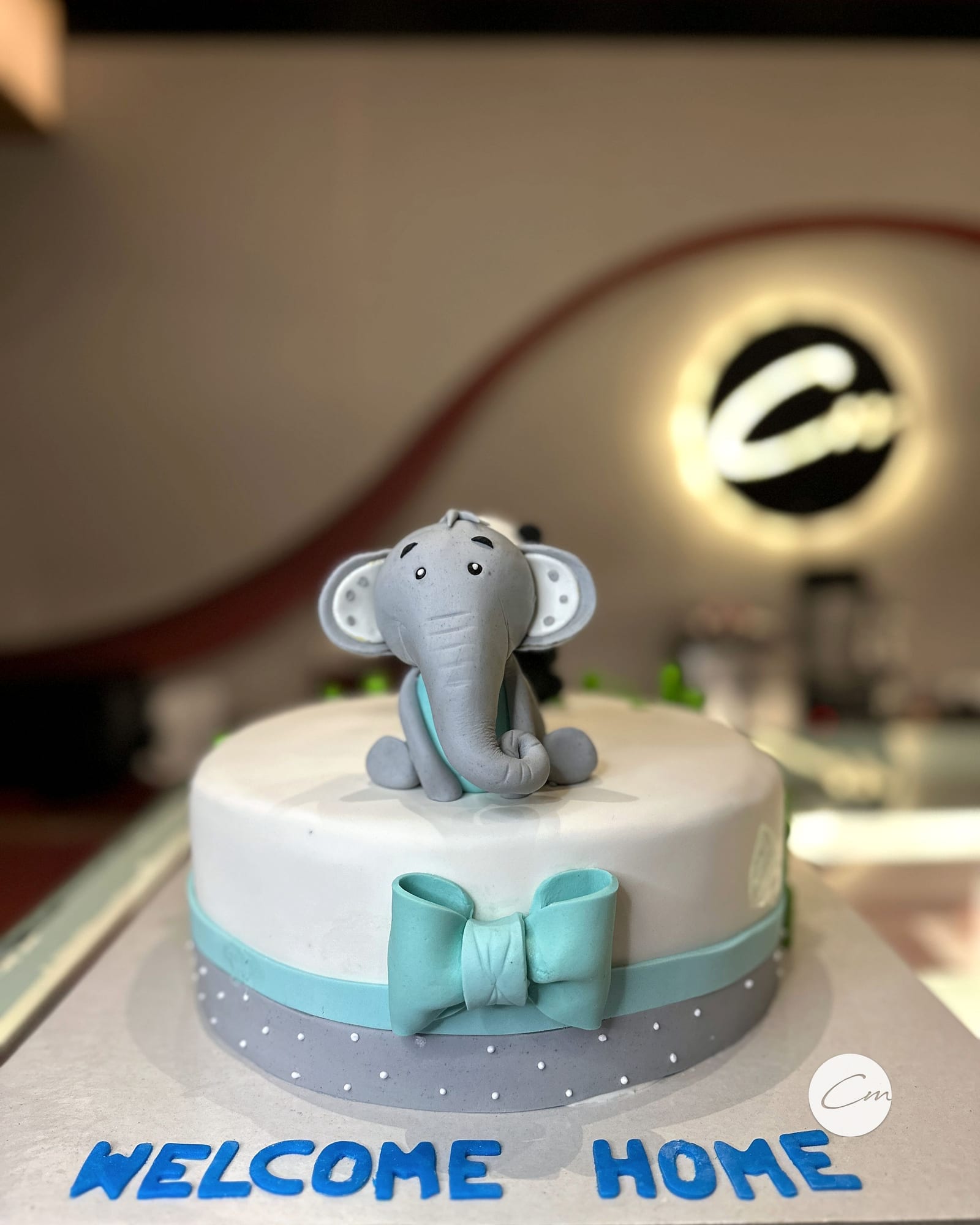 Welcome-home cake topped with a hand-modelled fondant elephant