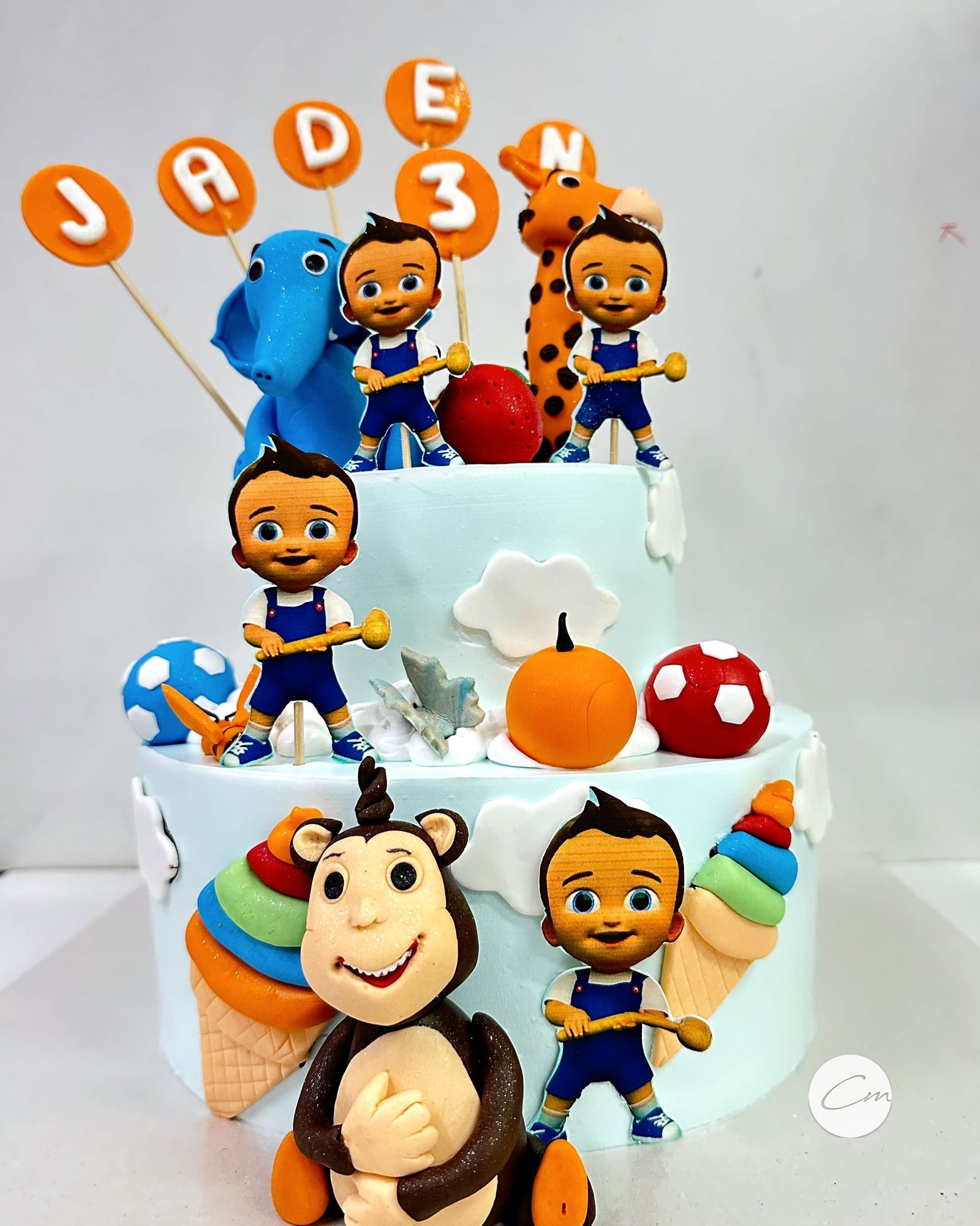 Children's birthday cake crowded with hand-made fondant characters